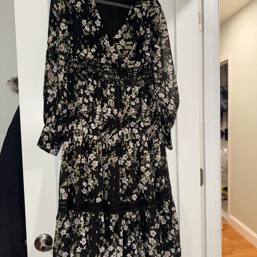 Aqua Black Floral Long Sleeve Dress